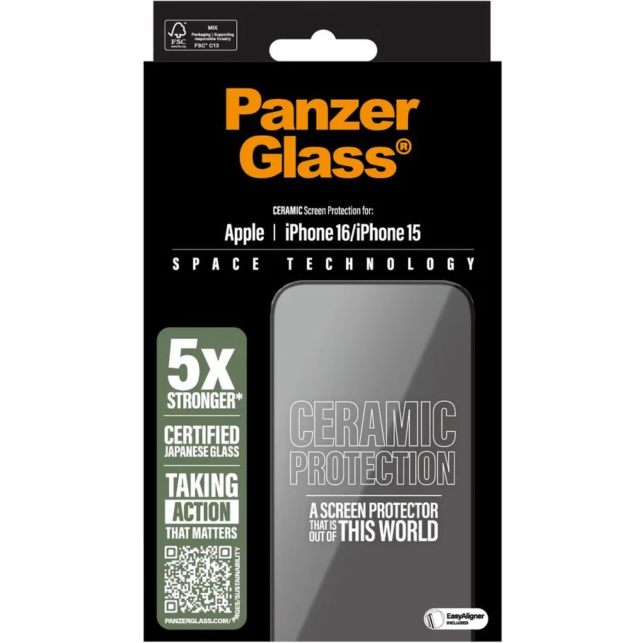 Szkło hartowane na cały ekran PanzerGlass Ceramic Ultra-Wide Fit + Easy Aligner do Apple iPhone 16 / iPhone 15